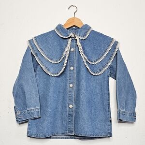 Fanna Baby Denim and Pearls Button Down Shirt w/ Doll Collar Size XL